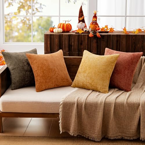 MIULEE Decorative Chenille Fall Pillow Covers Orange Brown 18x18 Pack of 4 - color: Orange/Yellow, size: 18" x 18" (Pack of 4)