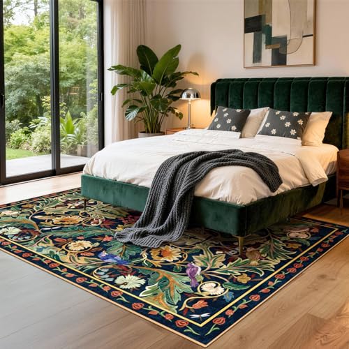 nesrt Jungle Living Room Area Rug 5x7, Animal Print Washable Soft Boho Floral Bedroom Rug Non Slip, Botanical Woodland Birds Throw Carpet for Kids Playroom Dining Room Dorm Nursery Office (Dark Green) - color: Dark Green, size: 5' x 7' (Rectangular)