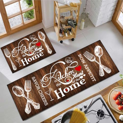 Farmhouse Kitchen Rug 2 Piece Set, Brown and White Rustic Vintage Style Theme Decor Kitchen Rugs, Absorbent Washable Non-Slip Floor Mats, Home Indoor Runner Carpet 17x30+17x47 Inches - color: Rustic Brown
