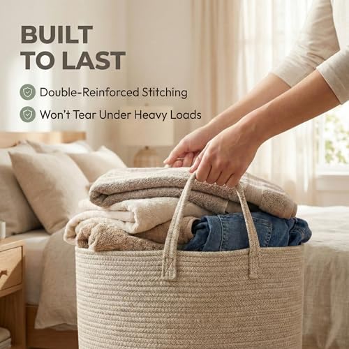 JMvicyroam 65L Extra Large Machine Washable Cotton Rope Blanket Basket - color: Oatmeal, size: 65L