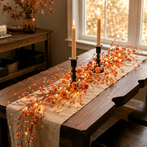 Wavwavw 5 ft Fall Garland with Lights Artificial Pumpkin and Berry Garland - color: Orange, style: Autumn