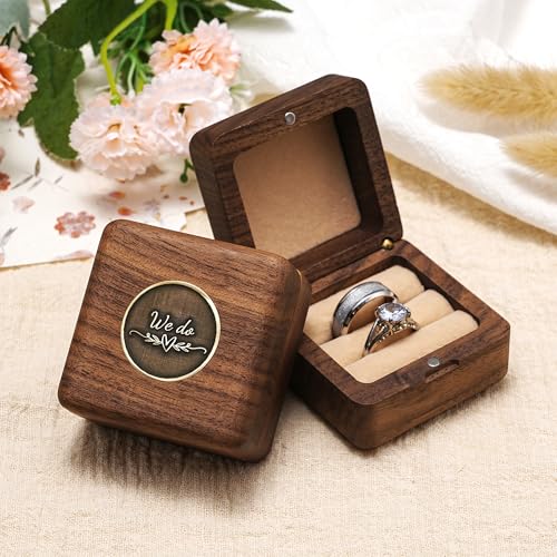 KWOOD We Do-Custom Wooden Wedding Ring Box, Personalized Metal Name Wooden Ring Box, Wedding Ceremony Ring Holder, Anniversary Birthday Gift Idea - style: T-We Do 02