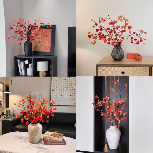 Fall Physalis Branches - 37" Faux Red Berry Stems, fake Flowers for Vase - color: 5pcs Physalis