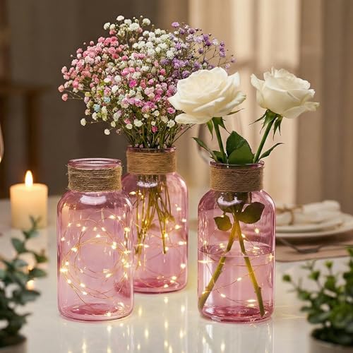 Mason Jars for Centerpiece Glass Flower Bud Vase Pink Vases, 6 Pc - color: Pink