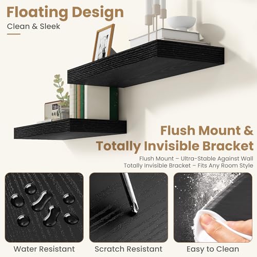 36 Inch Long Floating Shelves for Wall Set of 2, 12"D Wood Grain Shelves - color: Black, size: 36"Wx12"Dx2"H, 2P
