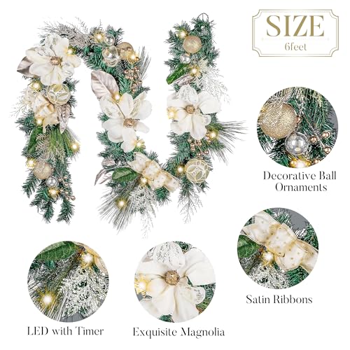 Valery Madelyn 6 Feet Christmas Garland with Lights White Gold Magnolia - color: White Gold, size: 6 feet