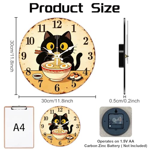 Cat Wall Clock Silent Non-Ticking 12" for Living Room Decor - color: Black Cat