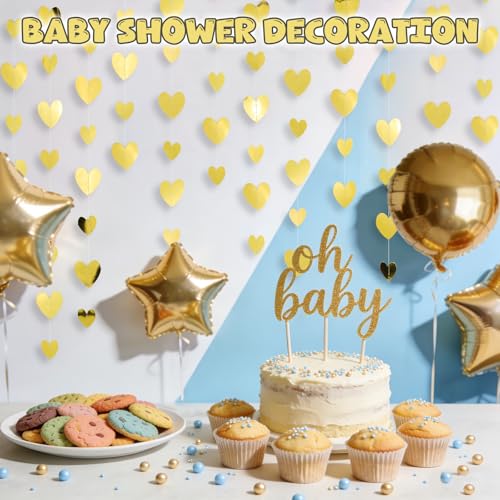 Metallic Gold Heart-Garland Party Streamers Valentines-Decorations - 56ft Glitter Gold Hanging Paper Banner Birthday Sweetheart Baby Shower Galentines Day Photoshoot Props Christmas Decor - color: Metallic Gold