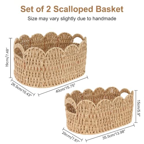 iEGrow Paper Rope Scalloped Basket, Set of 2 Woven Storage Wicker Baskets with Handle for Organizing and Shelves, Cute Boho Oval Baby Baskets for Decor, Towel, Toys, Nursery, Book, Gift Natural - color: Natural, size: Oval