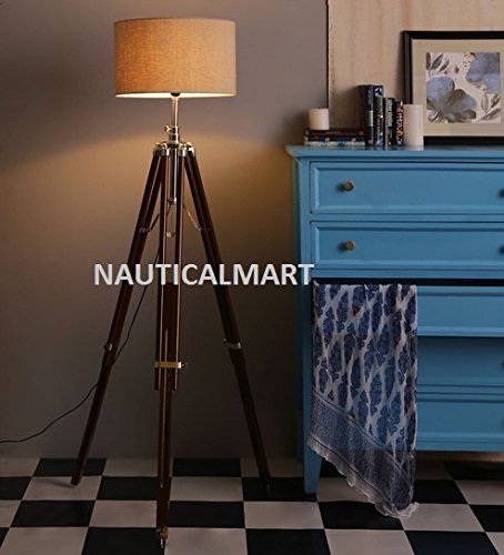 NauticalMart Beautiful Designer Wooden Tripod Floor LAMP with White Cotton Shade