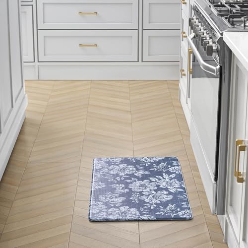 Laura Ashley - Anti-Fatigue Kitchen Mat, Iris Floral Design, Stain, Water & Fade Resistant, Cooking & Standing Relief, Non-Slip Backing, Measures 17.5" x 32", Navy Iris - color: Navy, size: 32"L x 17.5"W x 0.47"Th