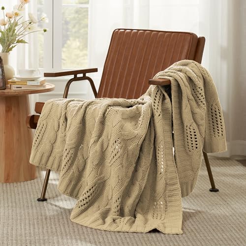 Amélie Home Chunky Knit Throw Blanket, Dual-Sided Soft Chenille Breathable Cable Knitted Blanket for Couch, Farmhouse Decorative Throw for Sofa & Chair, 60"x80", Beige - color: Beige, size: Cable Knit 60"x80"