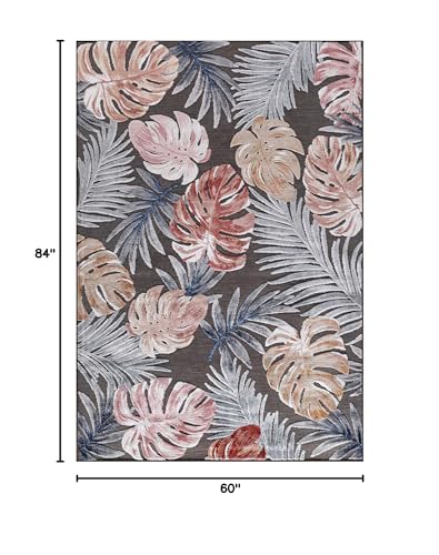 CAMILSON Indoor Outdoor Rug, Brown 5x7 Leaf Tropical Botanical Area Rugs for Indoor and Outdoor patios, Easy-Cleaning Non-Shedding Living Room, Garden and Kitchen Washable Outside Carpet (5 x 7) - color: 3002 Brown, size: 5' x 7' (Rectangular)