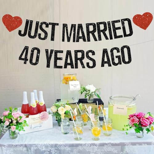 Black Glitter Just Married 40 Years Ago Banner,NO DIY,Pre-Strung 40th Wedding Anniversary Party Decorations 40 Years Blessed & Loved Garland Sign We Still Do 40th Party Supplies - color: 40black
