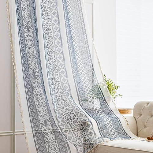 Black Totem Sheer Curtains 63 inch Long, Fringed Edges and Textured Semi Sheer Curtains Large Window Treatments for Living Room/Bedroom, 2 Panels - color: Black Totem, size: 52"W x 63"L (Pack of 2)