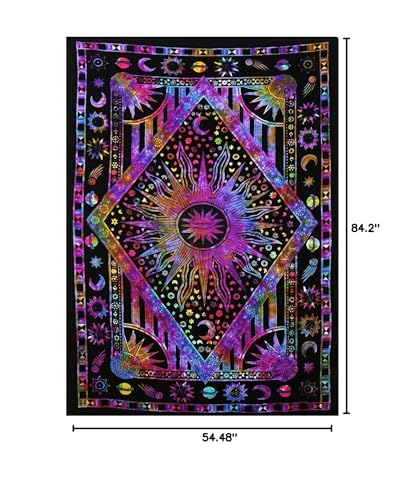 ANJANIYA Burning Sun Tie Dye Tapestry, Celestial Sun Moon Star Planet Bohemian Twin Tapestry Tarot Card Wall Hanging Boho Coverlet Curtain (Purple Multi, 55"X85") - color: Purple Multi, size: 85"L x 55"W