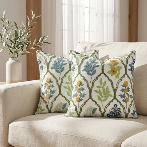 Blue Green Floral Embroidered Throw Pillow Covers 20x20 Set of 2 - color: Green Blue Yellow, size: 20" x 20" (Pack of 2)