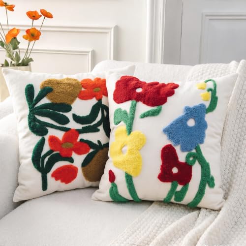 Boho Art Red Spring Floral Embroidered Throw Pillow Cover 18"x18" Set of 2 - color: Artflower Red