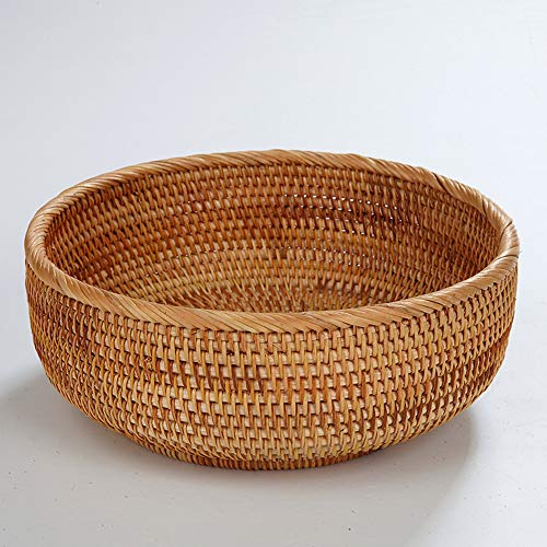 Hadewoven Round Rattan Fruit Basket Wicker Food Tray Weaving Storage Holder Dinning Room Bowl, 10 Inch Woven Bread Basket Key Bowls with 4”Wall for Table, Countertop (Large 9.8") - size: Large 9.8"