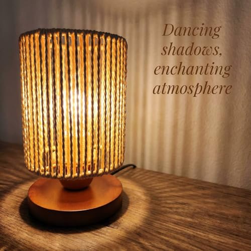 Small Rattan Table Lamp for Bedroom, Boho Bedside Lamp with Warm LED Bulb, Handwoven Wicker Nightstand Lamp for Nursery, Entryway & Dorm, Mini Ambient Night Light with Wood Base (8.6" Tall) - color: Plug-in / Cylinder Shape
