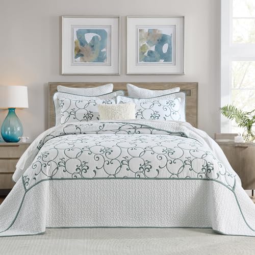 Oversized King Bedspread 128"x120" - 100% Cotton California King Quilt, Embroidered Bedspread Coverlet with Pillow Shams, Lightweight Quilted Bedding Set 3 Piece, Aqua Blue/White - color: White/Aqua Blue(turquoise), size: Extra Wide Super King(128"x120")