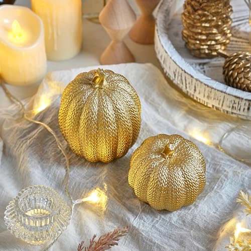 FESTGLOX Pumpkin Fall Decor Indoor, 2Pcs Resin Gold Pumpkin for Decorating - color: Woven Gold-2pcs