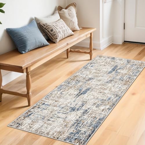 2x5 Non-Slip Washable Runner Rug – Modern Neutral Abstract Small Rug for Hallway, Kitchen, Bathroom, Bedroom, Entryway, Laundry Room – Thin Soft Low-Pile Rubber Backing(Blue Brown) - color: Blue/Brown, size: 2' x 5' (Rectangular)