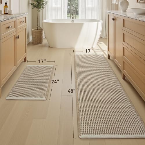 Upgraded Waffle Bath Mat Set of 2 Absorbent Bathroom Mat 17"x24" + 17"x48" - color: Brown & Cream, size: 17" x 24" +17" x 48"