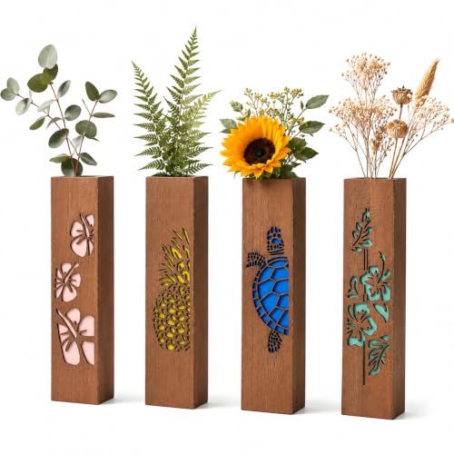 4 Sets Wood Wall Vase Planter for Home Decor Living Room Bedroom Bathroom Wooden Hanging Planters Vases Wall-Mounted Rustic Farmhouse Decorative Holders Mount - Brown - 11.81in