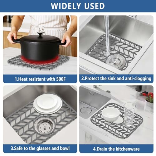 AWOKE Silicone Sink Protectors for Kitchen Sink, 12" x 11" Mat for bottom of sink, Center Drain Hole, Protect from Stains, Scratches, Dishwasher Safe Grid for Kitchen (2 Pack, Gray) - size: 12.25 x 11.5 2PCS Center Drain