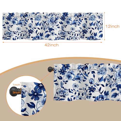Navy Watercolor Flowers Semi Sheer Valance Windows Curtain, Rod Pocket Short Window Treatment Light Filtering Decor for Kitchen Living Room Bedroom - 42"x12" - color: Navy Watercolor Flowers, size: 12"W x 42"L (Pack of 1)