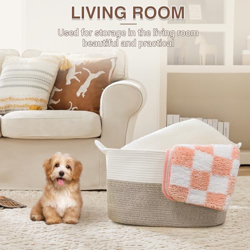 YOUDENOVA Large Blanket Basket, Rectangle Cotton Rope Storage Baske - color: White+Brown