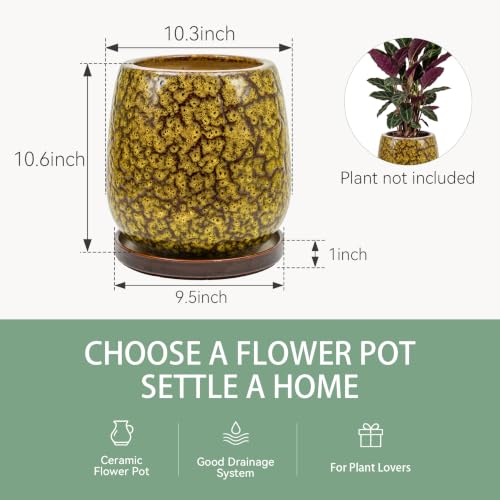 10.3 Inch Ceramic Glaze Plant Pot with Saucer, Flower Pots with Drainage Hole Mesh Net (Spot Yellow) - color: Spot Yellow