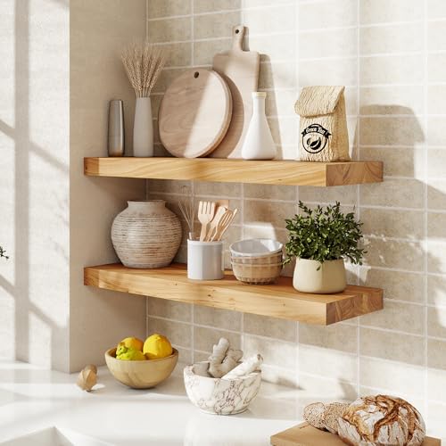 fuqing Floating Shelves for Wall, 24 Inch Rustic Solid Elm Wood Shelves - color: Natural Elm Flat Edge - 6.7"d, size: 24"L - 2Packs