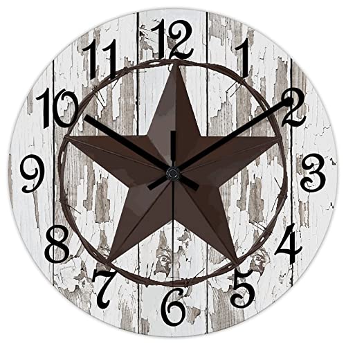 Round Farmhouse Wall Clock Western Texas Star Classic Style Wood Clock Quiet Non-Ticking Battery Operated with Large Numbers Rustic Wall Art Time Clock for Living Room Patio School 15 Inch - color: Style-1, size: 15in