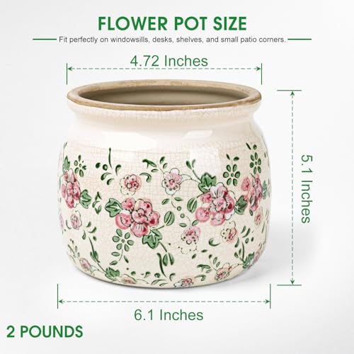 Flower Pots Planters for Indoor Plants Ceramic Plant Pots with Drainage 6.1 Inch Vintage Ceramic Pots for Plants Outdoor Home Garden Decor, Rustic Pink Camellia - color: Rustic Pink Camellia