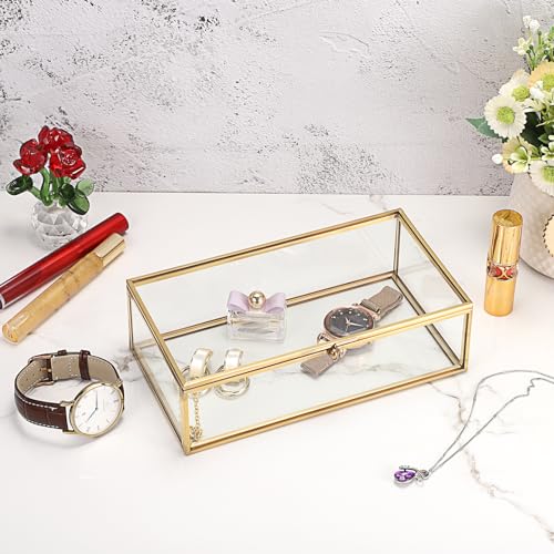 Hipiwe Vintage Glass Keepsake Box, Rectangle Gold Jewelry Display Organizer - color: Gold, size: Large
