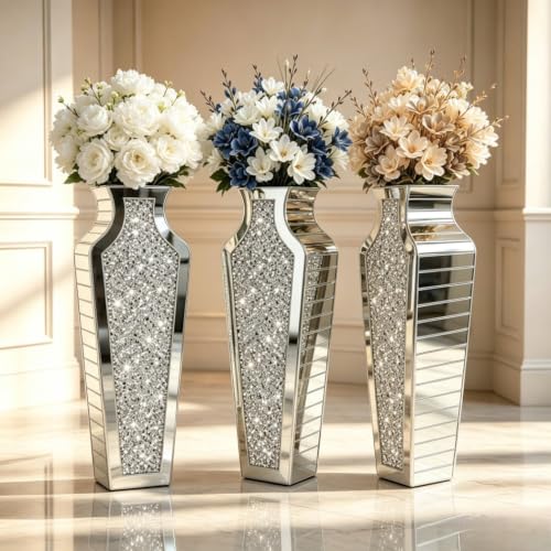 27" Tall Diamond Mirrored Floor Vase Silver Glass Decor for Flower No Water - color: Luo Di Diamond Silver