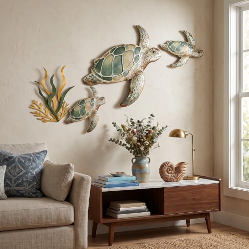 Tevqemi Large 3D Metal Sea Turtle Wall Art, 4-Piece Hand-Painted Wall Decor