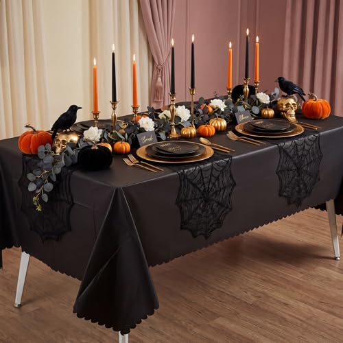 NatNarr 3 Pack Black Tablecloth Plastic, Scalloped Halloween Table Cloths - color: Black, size: 3 Pack