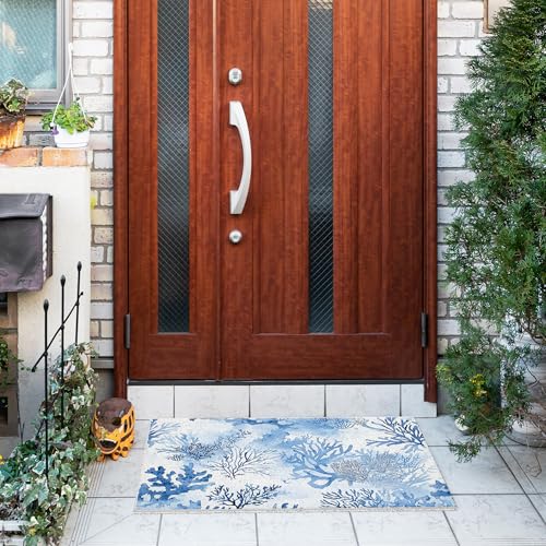 Jvpke Beach Door Mat, Coastal Ocean Blue Coral Beach Door Mat Indoor Outdoor Entrance Porch, Ocean Coral Bath Mats for Bathroom, Beachy Welcome Mats for Front Door, 17x30 Inches - color: Coastal