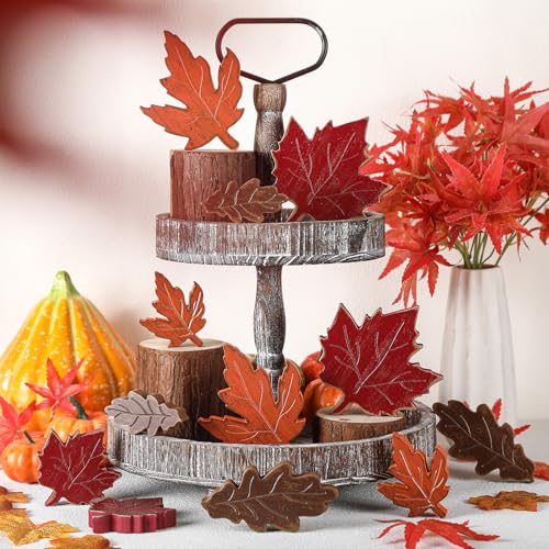 Bencailor 12 Pcs Fall Tiered Tray Decor Wooden Maple Leaf Decor Fall Table Decoration Retro Autumn Wooden Sign Thanksgiving Centerpiece for Home Desk Office Party Decoration - style: Maple Leaf