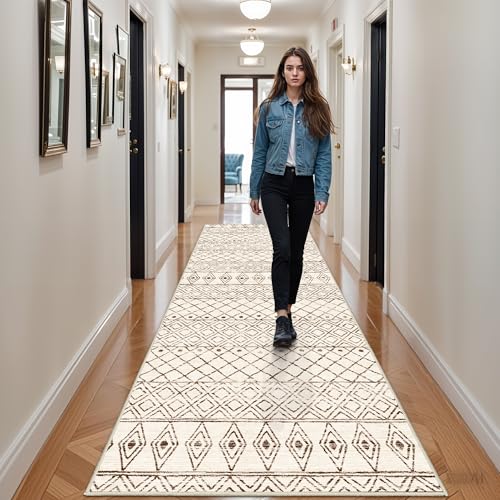 Washable 4x12 Runner Rug Hallway: Moroccan Non Slip Extra Long Rugs Beige - color: Geo Beige, size: 4' x 12' (Rectangular)