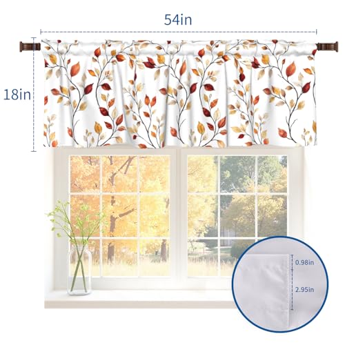 Fall Valances for Windows Brown Eucalyptus Leaves Print Kitchen Curtain Farmhouse Rustic Widow Valance with Rod Pocket Design Light Filtering Polyester Valance 54 x 18 Inch, 1 Panel - color: Brown Eucalyptus
