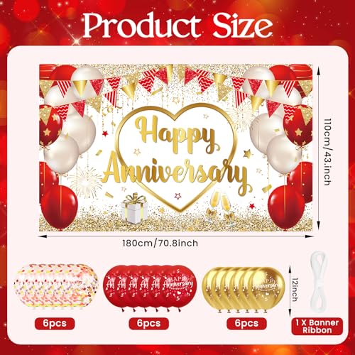 Red Gold Anniversary Party Decorations Happy Anniversary Banner Backdrop and 18Pcs Red Gold Happy Anniversary Balloons Anniversary Party Photography Background for Wedding Anniversary Party Supplies