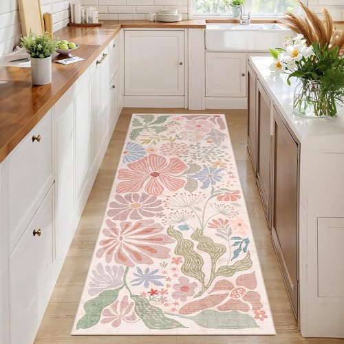 MUJOO Pink Washable 2x6 Runner Rugs Floral Area Rugs Non Slip Low-Pile - color: Pink, size: 2' x 6' (Rectangular)