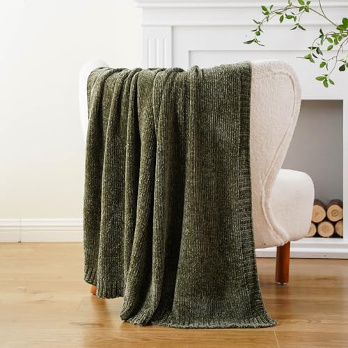Olive Green Chenille Throw Blanket for Couch, Cozy Knit Throw Blanket 51x67 - color: Olive Green