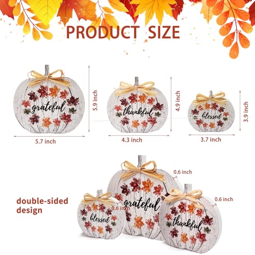 3 Pcs Thanksgiving Fall Table Decorations Wooden Pumpkin with Fall Maple Leaves 3 Sizes Thanksgiving Blessed Grateful Thankful Autumn Table Signs for Farmhouse Living Room Harvest, Home Office