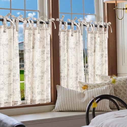 jinchan Grey Floral Kitchen Tier Curtains Alisa 36 Inches Tie Top 2 Panles - color: Alisa Grey on Linen, size: 26"W x 36"L (Pack of 2)