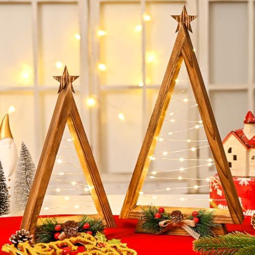2 Pcs Triangle Tabletop Wooden Christmas Tree with Lights, Modern Farmhouse Rustic Christmas Decor, Small Lighted Xmas Tree for Kitchen Mantle Shelf Living Room(14.2" Large / 11" Small)